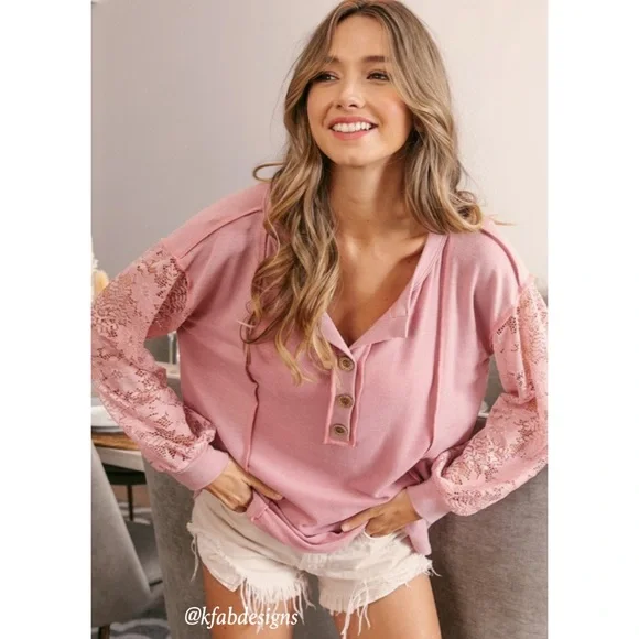 LAST! Button Henley Style Dusty Rose Floral Lace Sleeve Top! - Picture 7 of 13